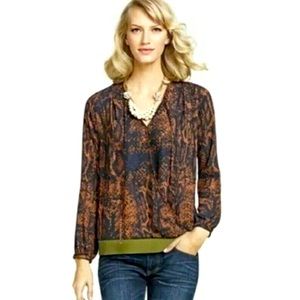 CAbi Navy Rust Snake Skin Long Sleeve #101 Border Wrap Blouse Top . L